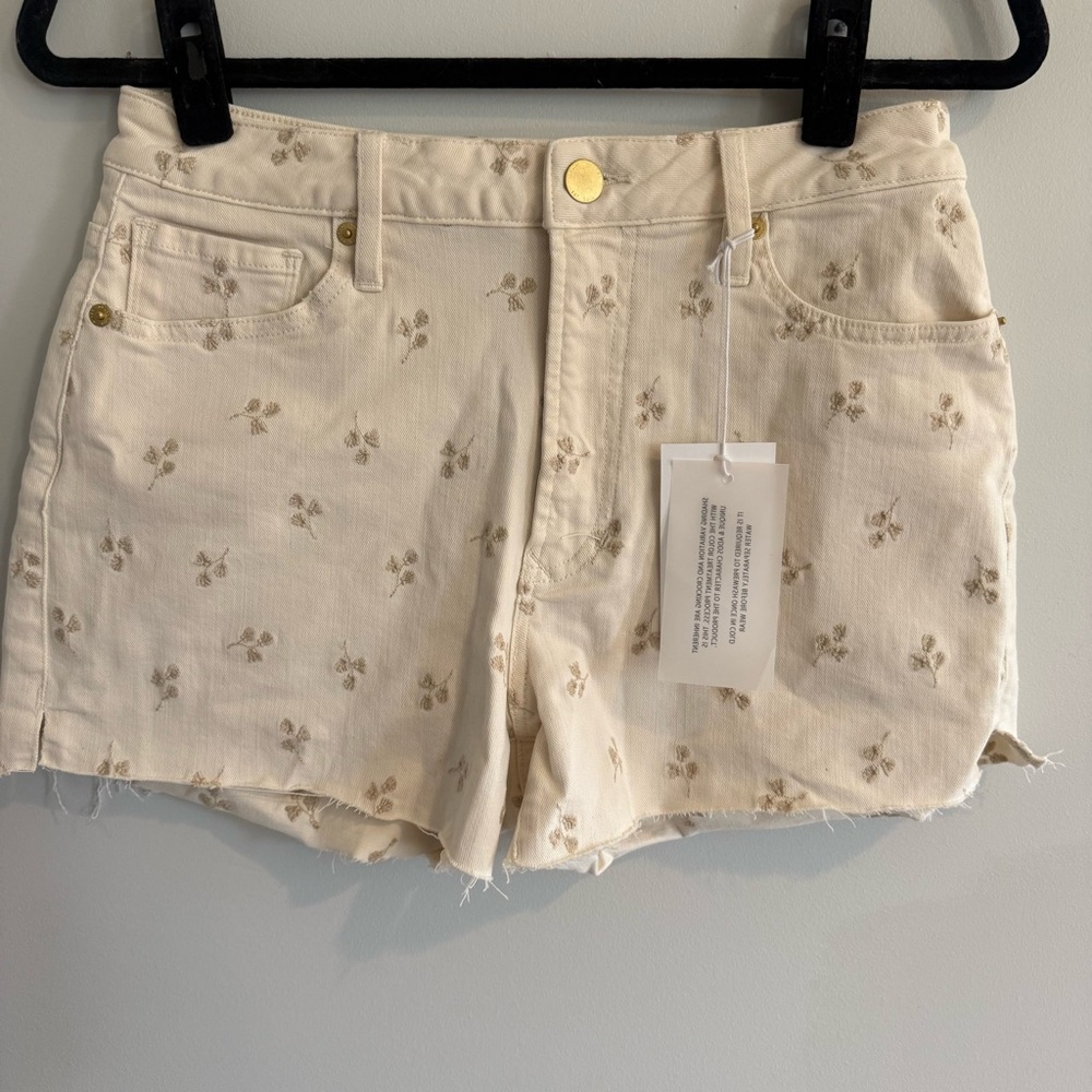 Cream Embroidered High-Rise Denim Shorts